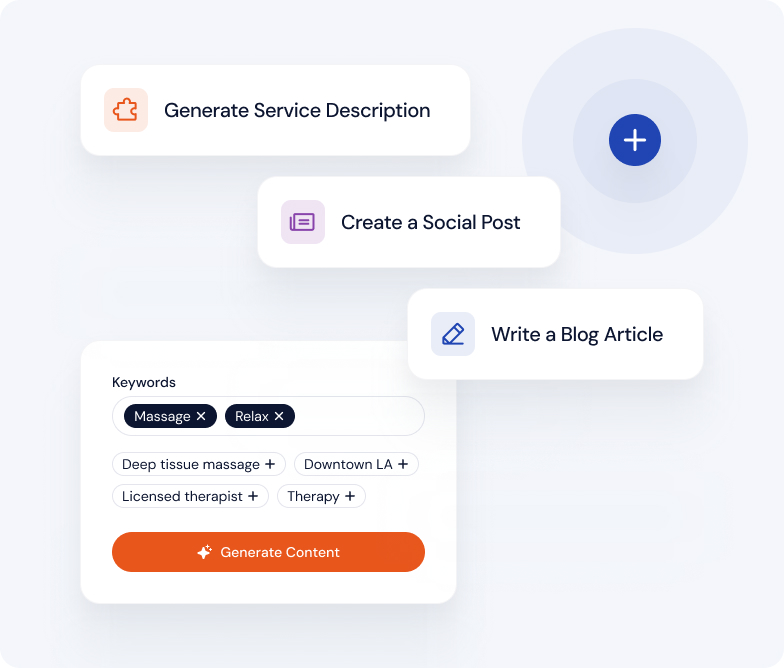 Surfa content generator producing GBP posts, blog articles, service descriptions, and FAQ schema